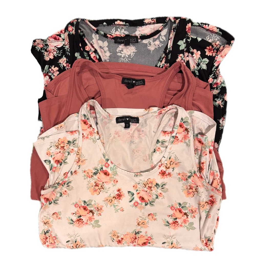 Set of 3 Derek Heart Maternity Tank Tops Floral & Solid Ruched Sides 1/XL. 2/LG